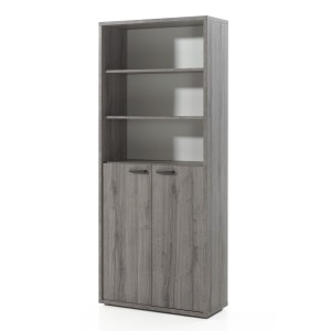 Bibliothèque de bureau SOON – Meuble 2 portes et étagères – Gris effet bois – L90 x H216 x P40 cm