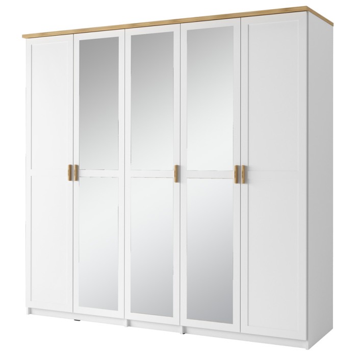 Armoire 5 Portes 226cm collection JASPER, Coloris blanc, finition chêne wotan, idéal pour une grande chambre