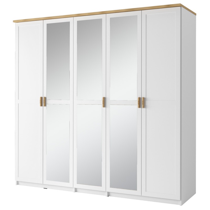 Armoire 5 Portes 226cm collection JASPER, Coloris blanc, finition chêne wotan, idéal pour une grande chambre
