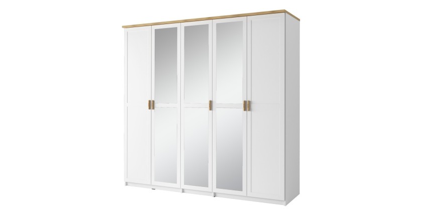 Armoire 5 Portes 226cm collection JASPER, Coloris blanc, finition chêne wotan, idéal pour une grande chambre