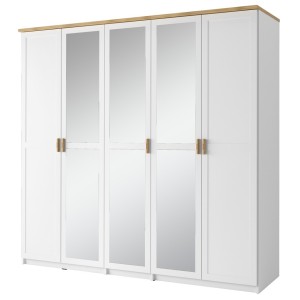Armoire 5 Portes 226cm collection JASPER, Coloris blanc, finition chêne wotan, idéal pour une grande chambre
