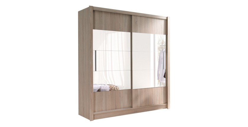 Armoire, garde robe ROME 180 cm deux portes avec miroir. Dressing complet avec penderie et étagères. Coloris chêne sonoma