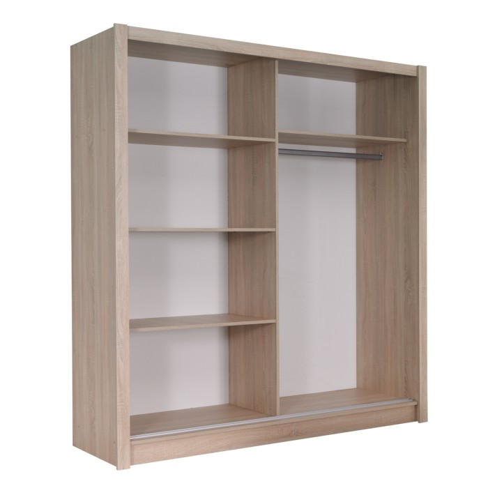 Armoire, garde robe ROME 180 cm deux portes avec miroir. Dressing complet avec penderie et étagères. Coloris chêne sonoma