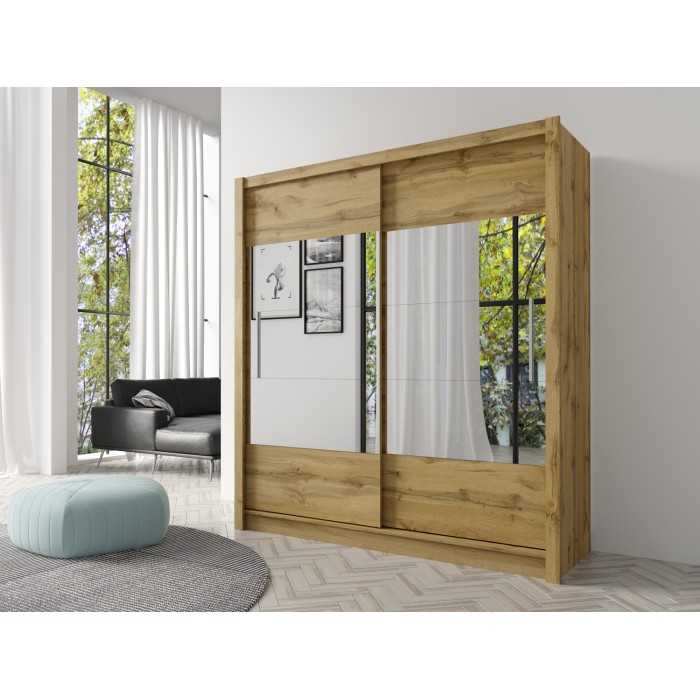 Armoire, garde robe ROME 180 cm deux portes avec miroir. Dressing complet avec penderie et étagères. Coloris chêne wotan