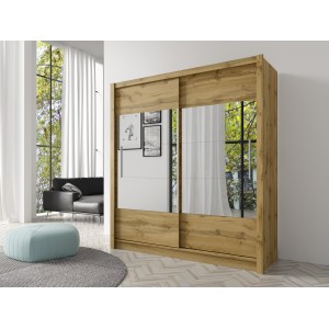 Armoire, garde robe ROME 180 cm deux portes avec miroir. Dressing complet avec penderie et étagères. Coloris chêne wotan