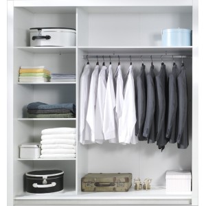 Armoire, garde robe SENA 208 cm deux portes avec miroir. Dressing complet avec penderie et étagères. Coloris Blanc brillant