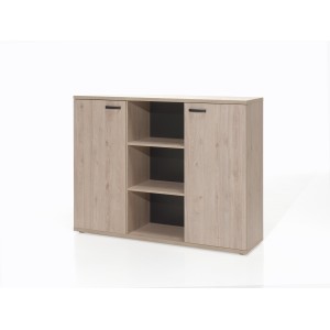 Buffet bas de rangement pour bureau 2 portes et étagères coloris chêne clair collection YUKON