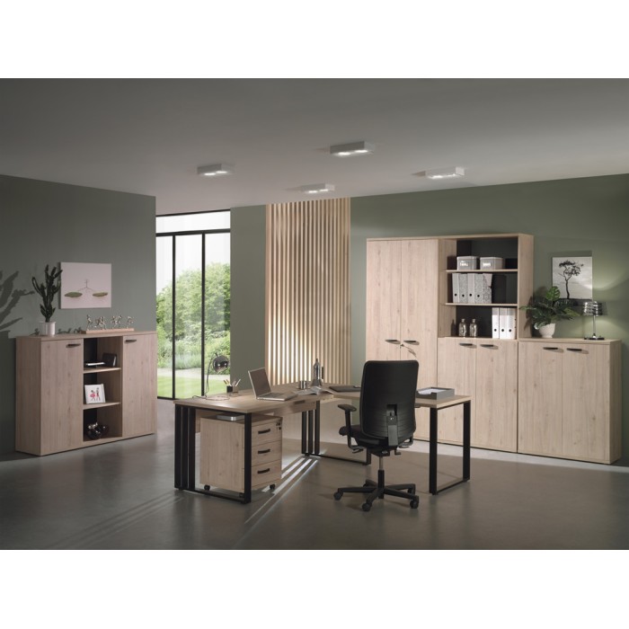 Buffet bas de rangement pour bureau 2 portes et étagères coloris chêne clair collection YUKON