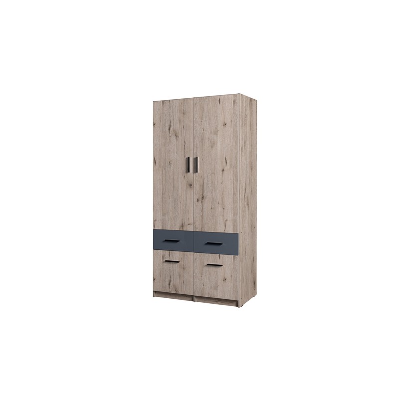 Armoire 2 portes 4 tiroirs FLEX – Chêne wellington et gris graphite – Design moderne avec penderie