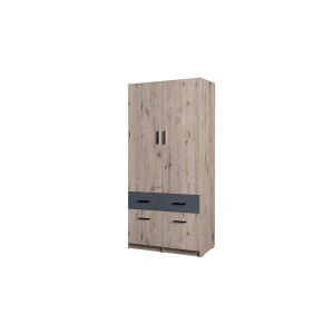 Armoire 2 portes 4 tiroirs FLEX – Chêne wellington et gris graphite – Design moderne avec penderie