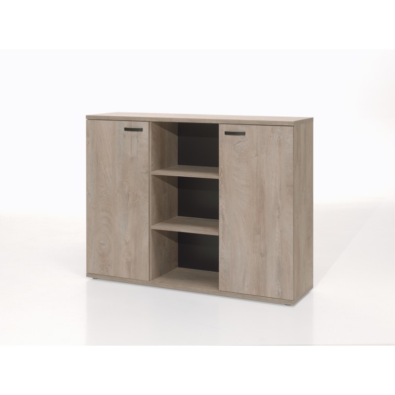 Buffet bas de rangement pour bureau 2 portes et étagères coloris chêne brut collection YUKON