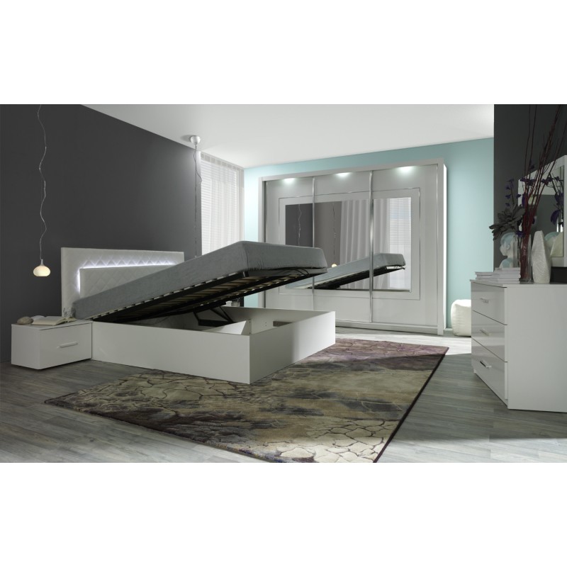 Ensemble pour chambre à coucher PANAREA. Lit adulte avec option coffre design 180x200 + deux chevets + sommier