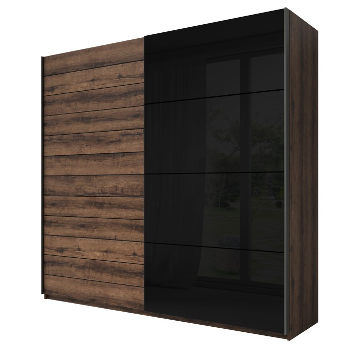 Chambre à coucher FLOYD : Armoire 220cm, Lit 180x200, commode, chevets. Couleur chêne foncé et noir brillant