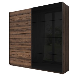 Chambre à coucher FLOYD : Armoire 220cm, Lit 180x200, commode, chevets. Couleur chêne foncé et noir brillant