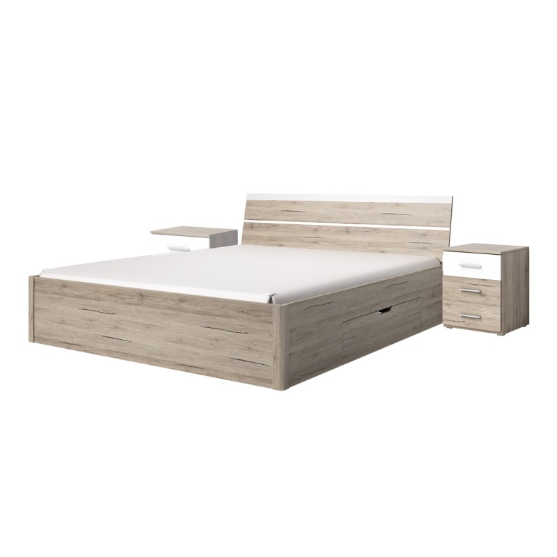 Ensemble Lit 180x200 et Chevets collection EOS. Couleur chêne clair et blanc.
