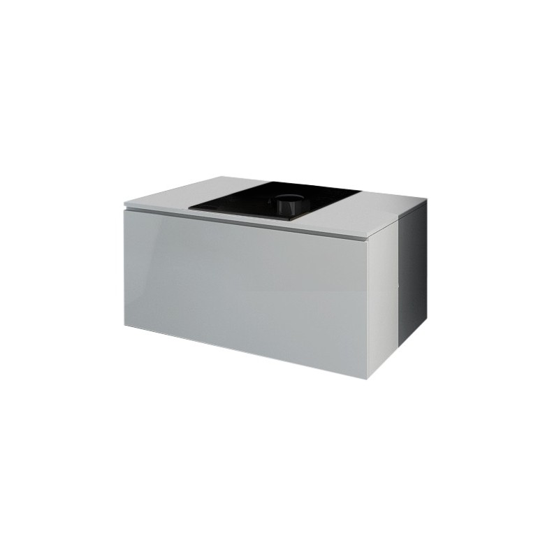 Meuble sous vasque suspendu collection OWL, coloris blanc mat brillant, avec plaque en verre noir, idéal pour une salle de bain