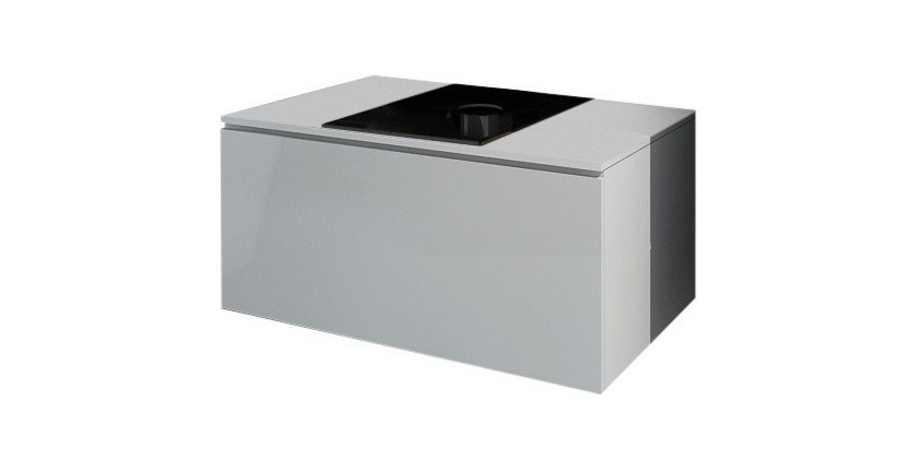 Meuble sous vasque suspendu collection OWL, coloris blanc mat brillant, avec plaque en verre noir, idéal pour une salle de bain