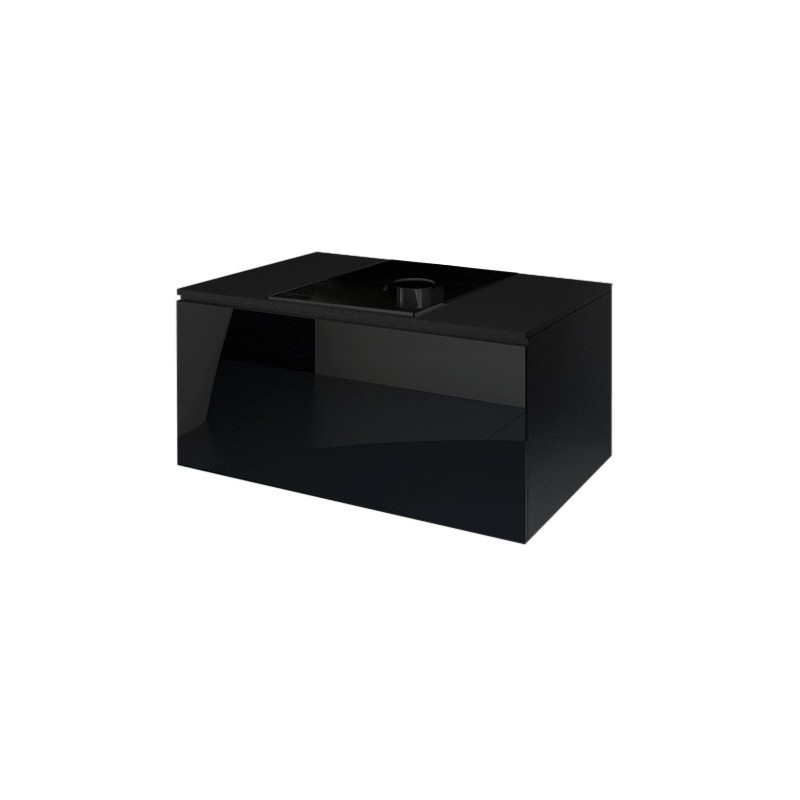 Meuble sous vasque suspendu collection OWL, coloris noir mat et brillant + plaque en verre noir, idéal pour une salle de bain