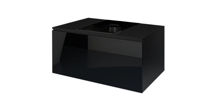 Meuble sous vasque suspendu collection OWL, coloris noir mat et brillant + plaque en verre noir, idéal pour une salle de bain