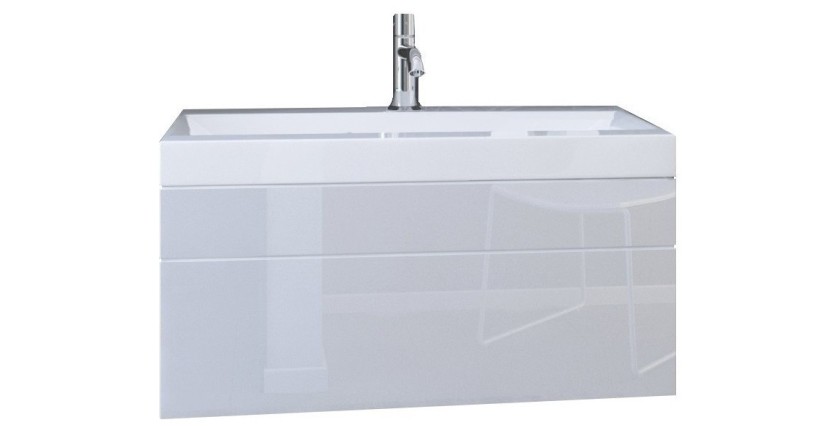 Meuble sous vasque 80cm suspendu collection RAVEN, coloris blanc mat et brillant, avec vasque et siphon inclus