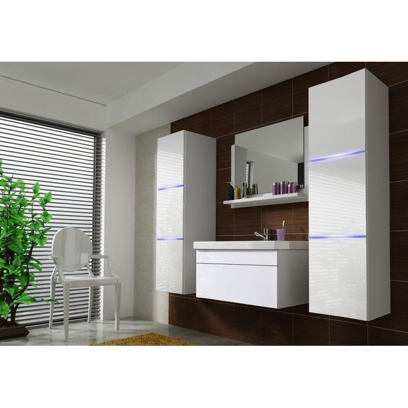 Meuble sous vasque 80cm suspendu collection RAVEN, coloris blanc mat et brillant, avec vasque et siphon inclus