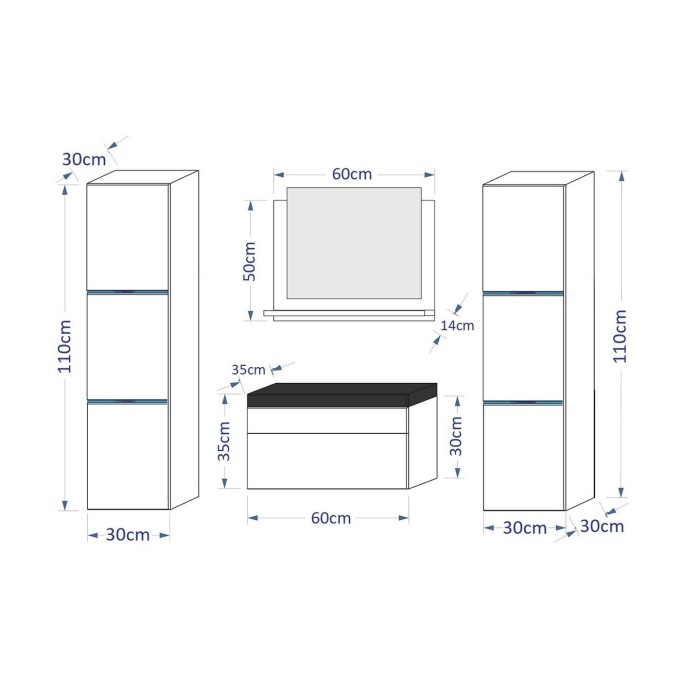 Ensemble meubles de salle de bain collection RAVEN, coloris blanc mat et brillant, avec vasque 60cm et deux colonnes