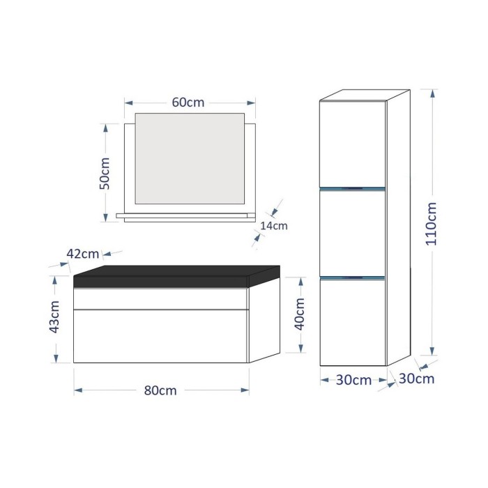 Ensemble meubles de salle de bain collection RAVEN, coloris noir mat et brillant, avec vasque 80cm et une colonne