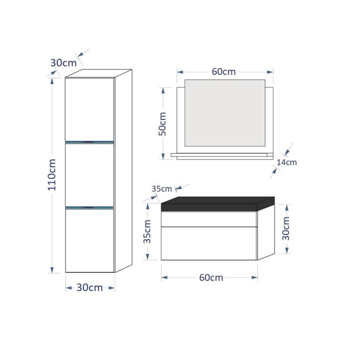 Ensemble meubles de salle de bain collection RAVEN, coloris blanc mat et brillant, avec vasque 60cm et une colonne