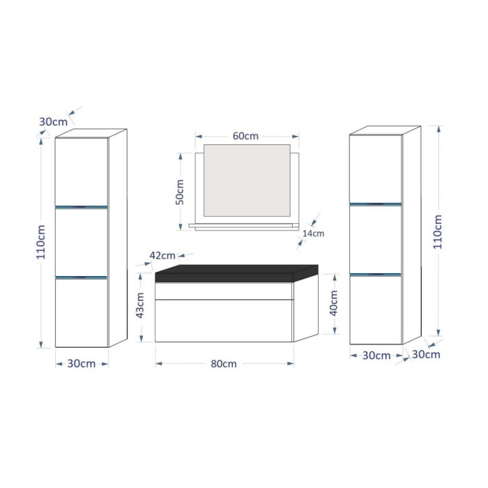 Meuble sous vasque 80cm suspendu collection RAVEN, coloris blanc mat et brillant, avec vasque et siphon inclus