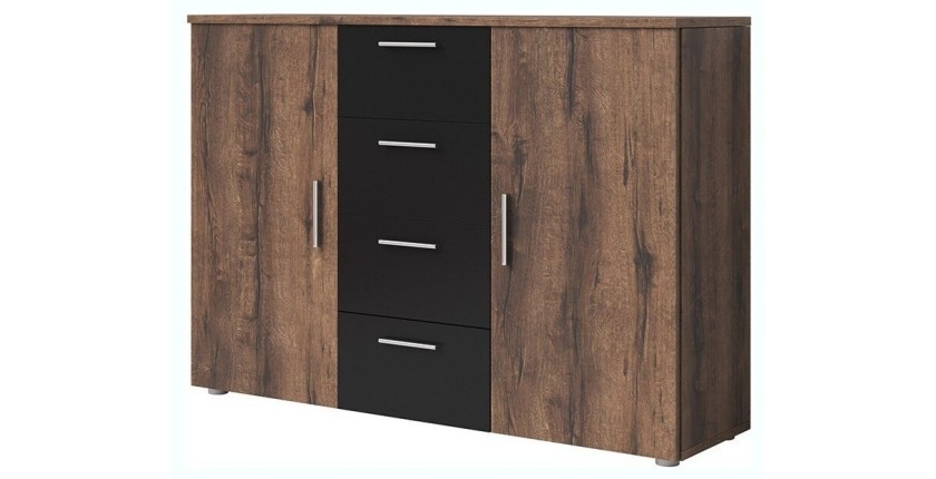 Commode 2 portes et 4 tiroirs 130cm. Collection IRINA imitation chêne foncé et noir.