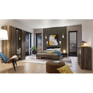 Commode 2 portes et 4 tiroirs 130cm. Collection IRINA imitation chêne foncé et noir.