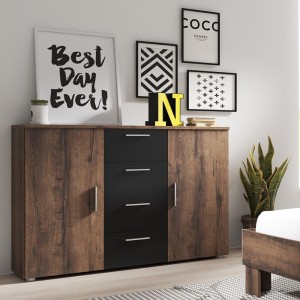 Commode 2 portes et 4 tiroirs 130cm. Collection IRINA imitation chêne foncé et noir.