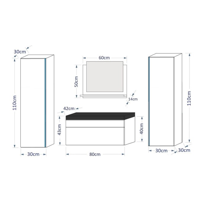 Ensemble meubles de salle de bain collection BIRD, coloris blanc mat et brillant avec deux colonnes et vasque 80cm