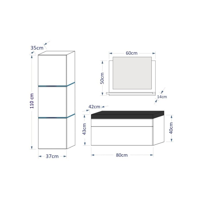Ensemble meubles de salle de bain collection OWL, coloris blanc mat et brillant avec une colonne et vasque 80cm