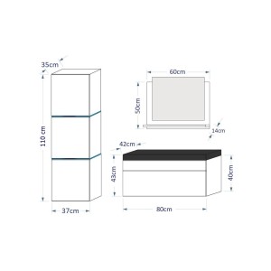 Ensemble meubles de salle de bain noir, collection OWL. Colonne, meuble sous vasque, vasque 80cm, miroir, siphon et leds.