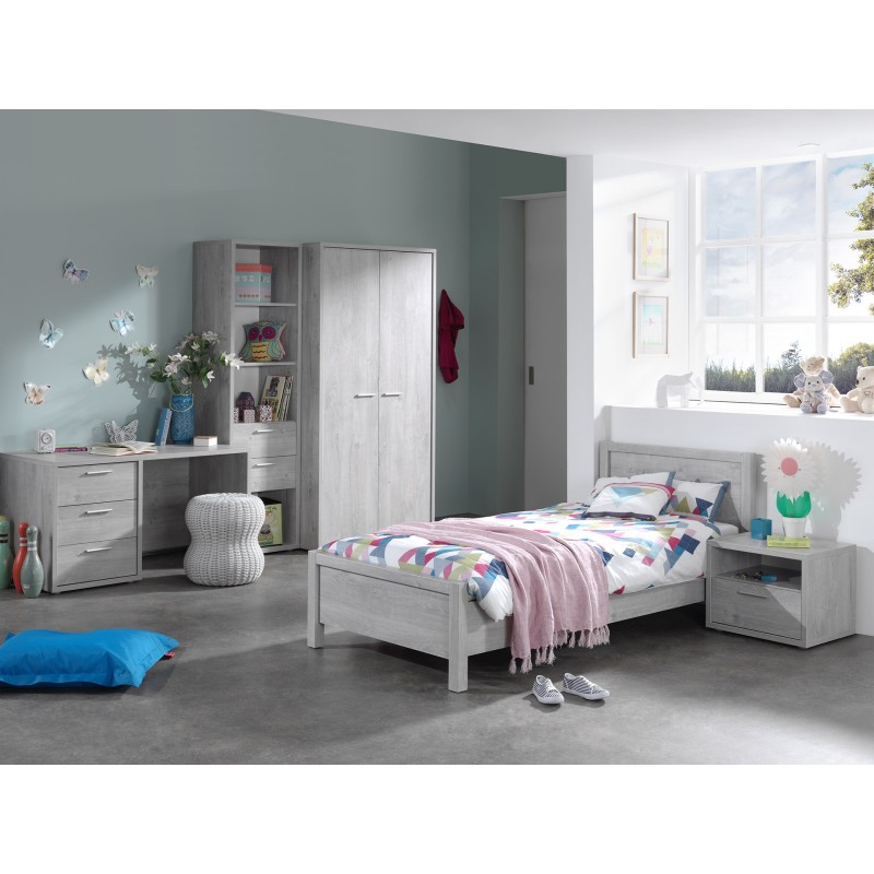 Chambre enfant robuste MATHEO, lit 90x200, armoire, bureau, bibliothéque et chevet