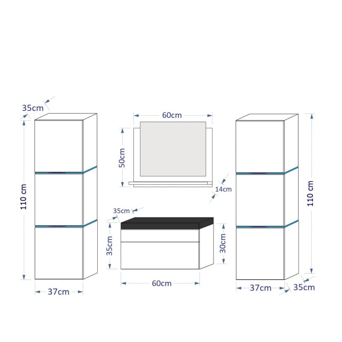 Ensemble meubles de salle de bain collection OWL, coloris noir mat et brillant avec deux colonnes et vasque 60cm