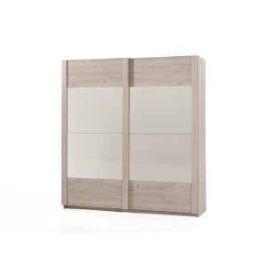 Chambre à coucher adulte collection DANY : Armoire 200cm, Lit 140x200, commode, chevets. Couleur chêne clair.