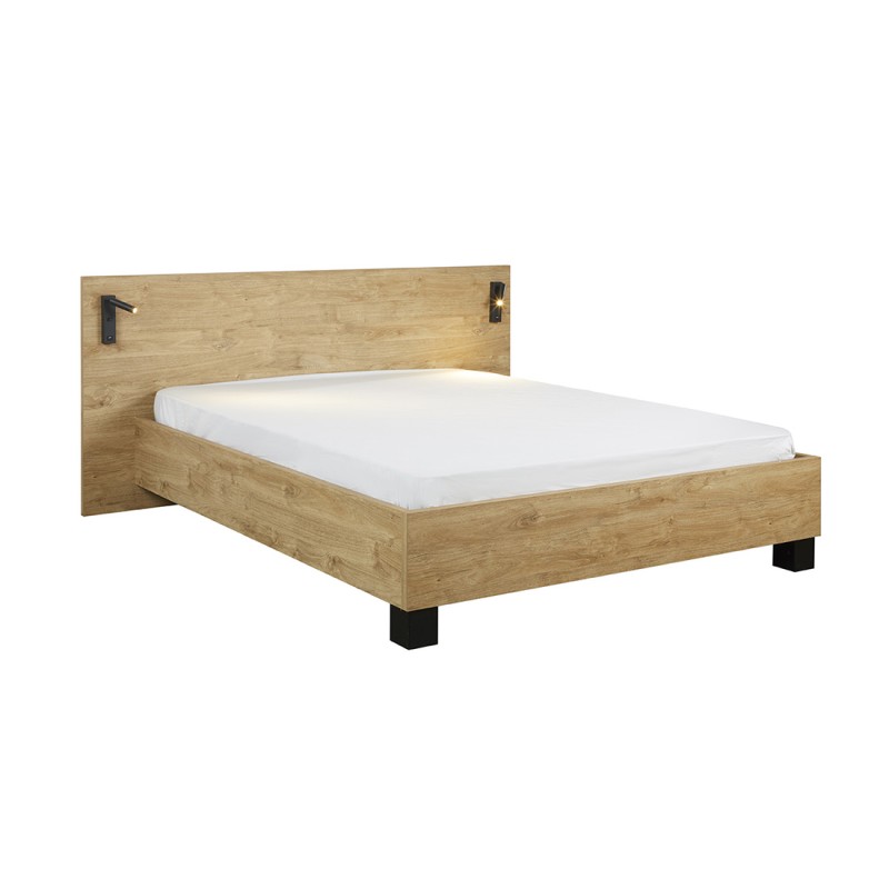 Lit adulte 160x200 collection MORGANE avec éclairage en applique orientable intégré - Coloris chêne