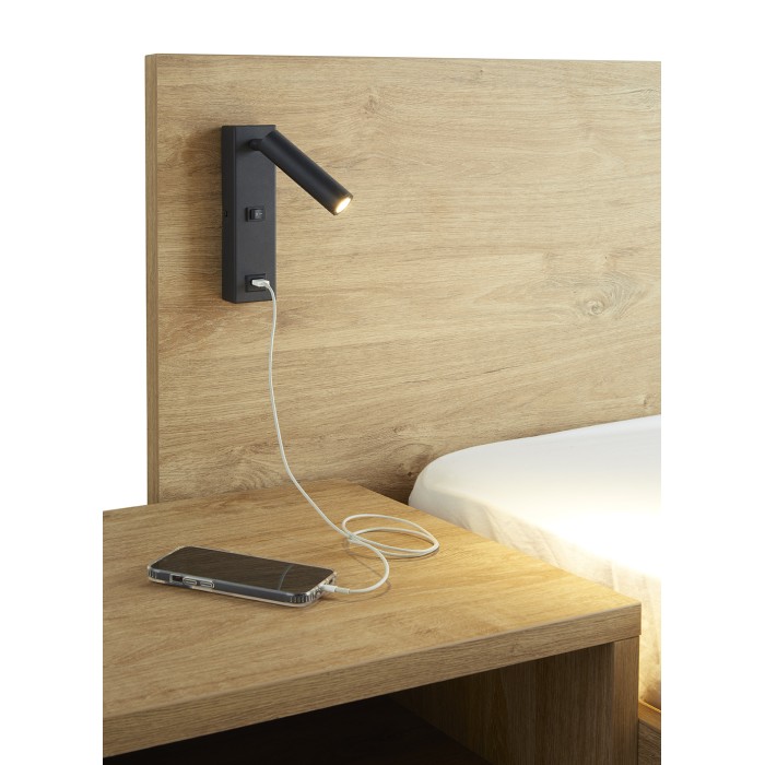 Lit adulte 160x200 collection MORGANE avec éclairage en applique orientable intégré - Coloris chêne