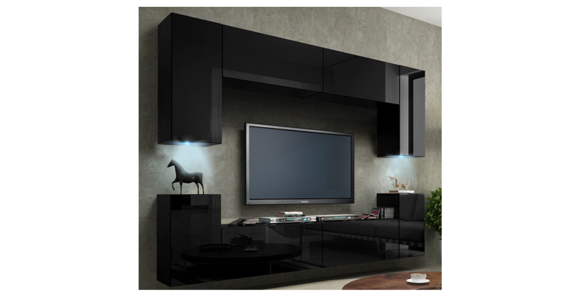 Meuble TV suspendu noir brillant 240cm avec 4 portes, collection CEPTO
