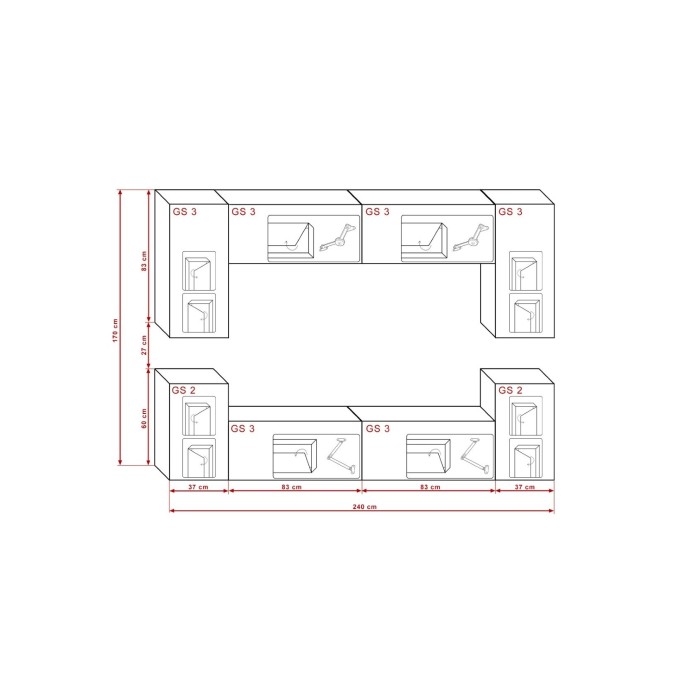 Ensemble de meubles de salon blanc suspendus collection CEPTO 240cm, 8 portes, 6 étagères, leds.