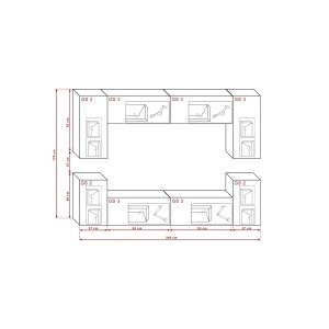Ensemble de meubles de salon blanc suspendus collection CEPTO 240cm, 8 portes, 6 étagères, leds.