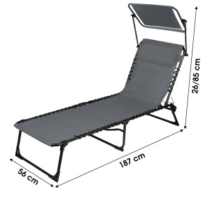 Chaise longue / bain de soleil avec pare soleil et coussin coloris gris 185x95x61cm