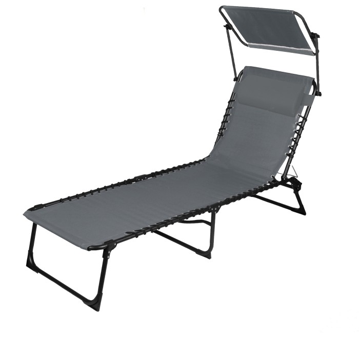 Chaise longue / bain de soleil avec pare soleil et coussin coloris gris 185x95x61cm