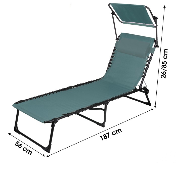 Chaise longue / bain de soleil avec pare soleil et coussin coloris bleu 190x25x57cm