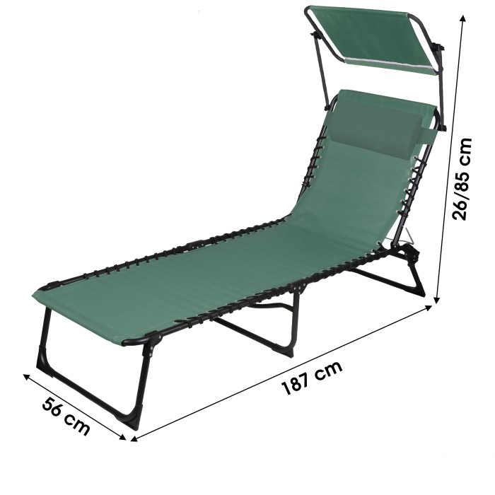 Chaise longue / bain de soleil avec pare soleil et coussin coloris vert 190x25x57cm