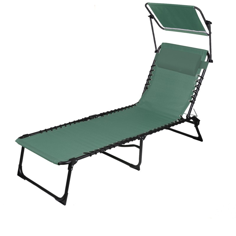 Chaise longue / bain de soleil avec pare soleil et coussin coloris vert 190x25x57cm