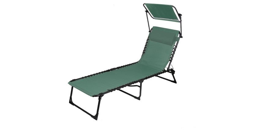 Chaise longue / bain de soleil avec pare soleil et coussin coloris vert 190x25x57cm