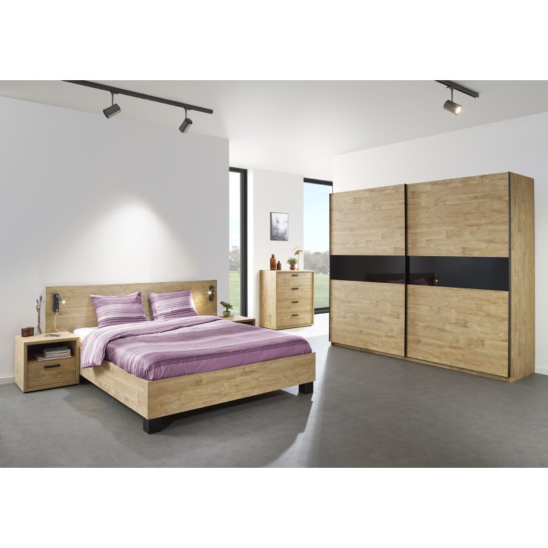 Chambre à coucher collection MORGANE : armoire 250 cm, lit avec applique 140x200, commode, chevets, chêne doré et noir